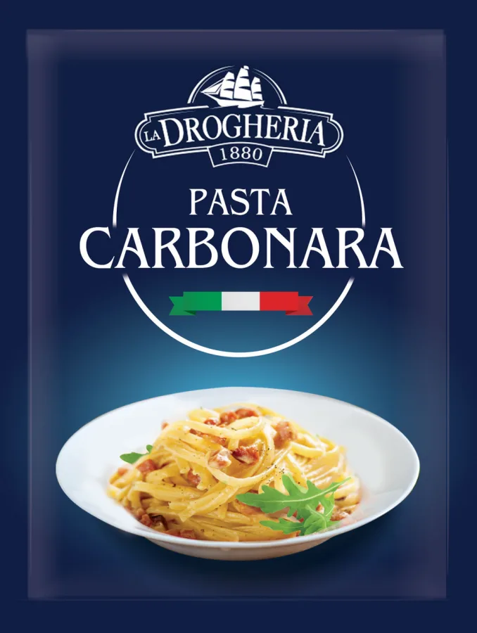 Opakowanie La Drogheria Pasta Carbonara z talerzem spaghetti