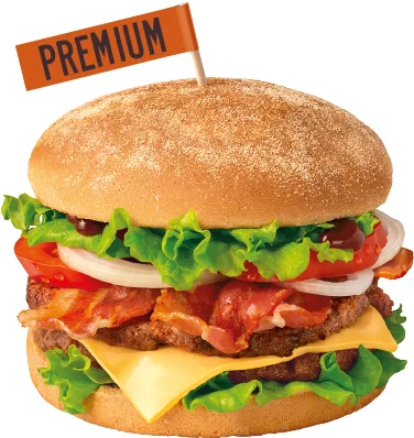 Burger z bekonem, serem, pomidorem, cebulą i sałatą