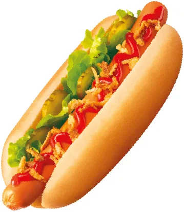 Hot dog z sałatą, ogórkiem i prażoną cebulką