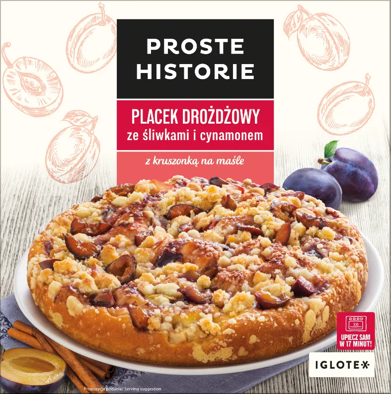 Placek drożdżowy ze śliwkami i kruszonką na opakowaniu produktu Proste Historie