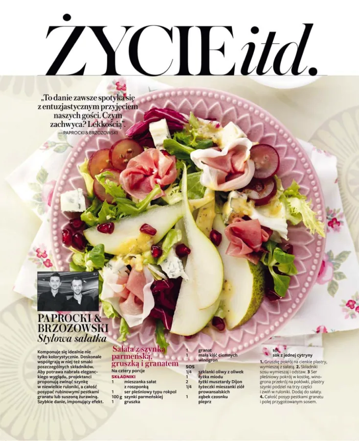 Strona czasopisma z sałatką z szynką, gruszką i granatem