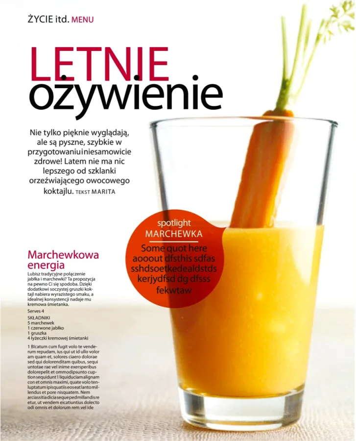 Strona czasopisma z napojem marchewkowym w wysokiej szklance